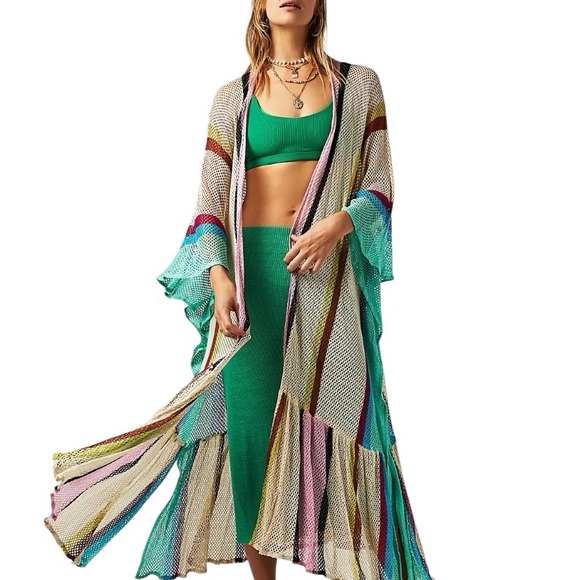 Free People Jackets & Blazers - Free People Sea Vista Striped Ruffle Duster One Size Multicolor Cream Pink